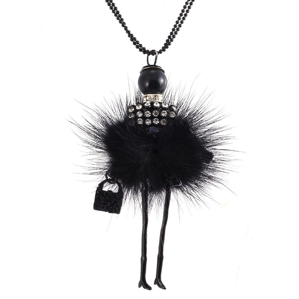 Anhänger putzige Puppe mit Handtasche und Hut - Kleid in in Schwarz mit Halskette